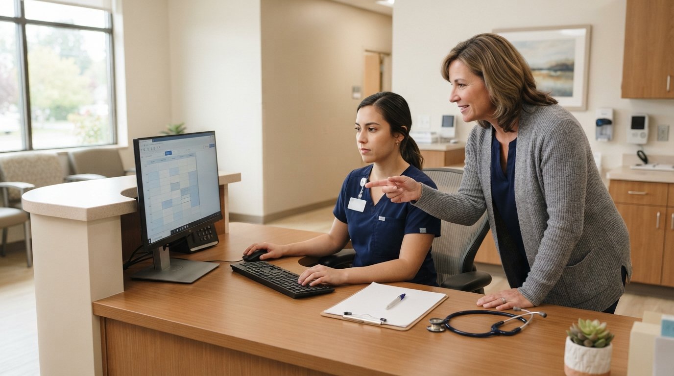 Student in navy scrubs practices patient check-in on a desktop computer as an instructor in a gray cardigan points to the…