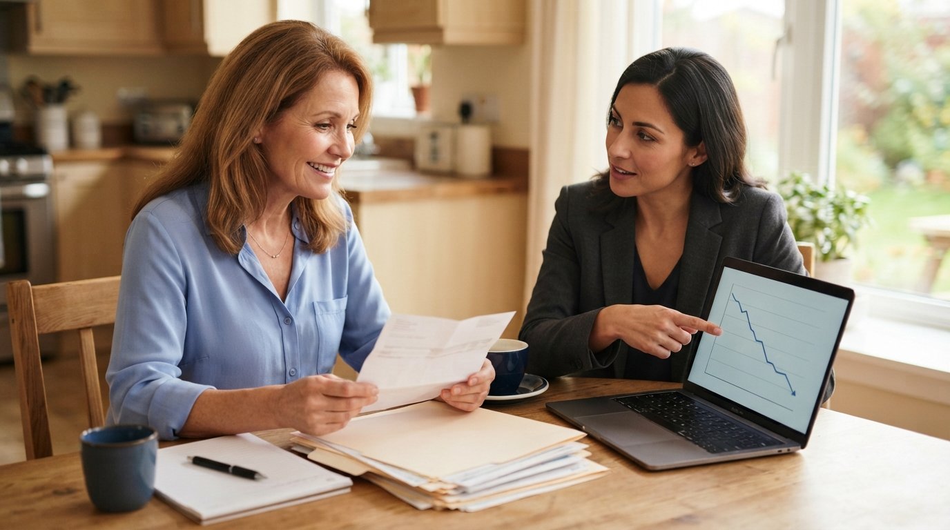 Relieved middle-aged woman in a blue blouse holds a hospital bill at a sunlit kitchen table while a financial advisor…