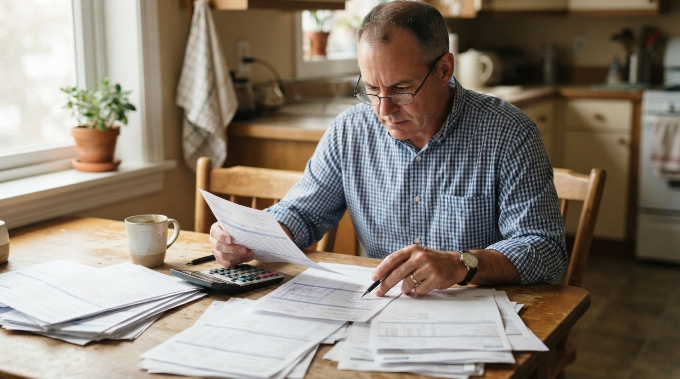 Middle-aged man in a button-down shirt comparing medical bills and an Explanation of Benefits at a kitchen table with a…