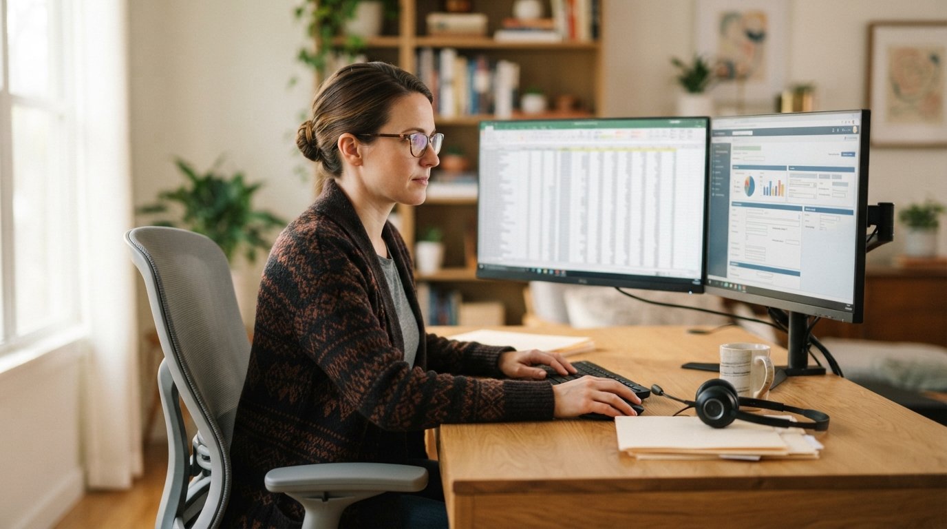 Medical billing specialist in a cardigan reviews a digital claim on dual monitors in a bright home office, with a headset,…