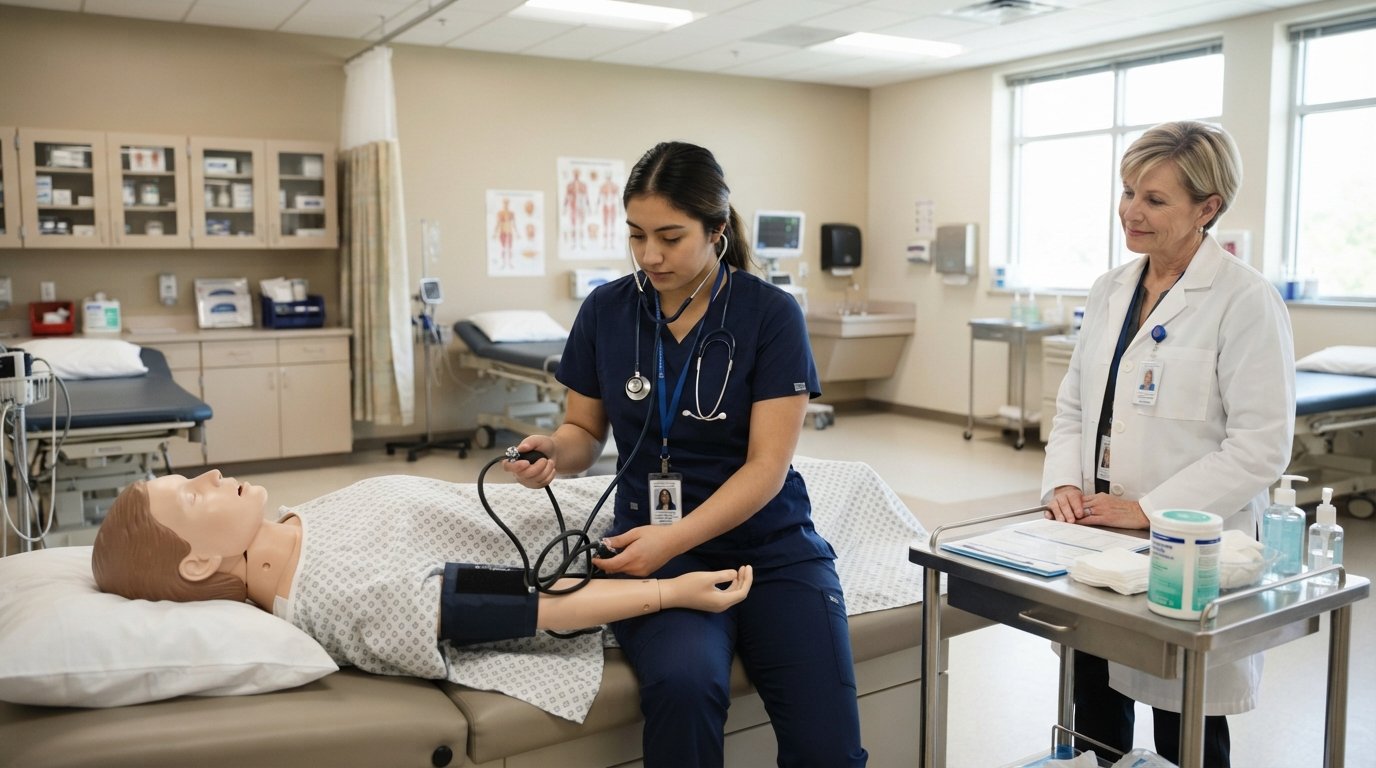 Medical assistant student in navy scrubs checks a training mannequin with a stethoscope while an instructor in a white lab…
