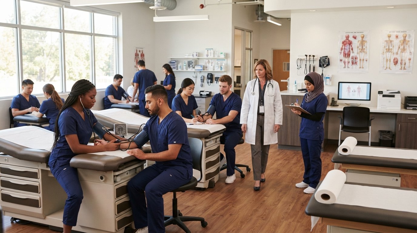 Adult students in navy scrubs practice blood pressure checks on classmates at exam tables while an instructor in a white…