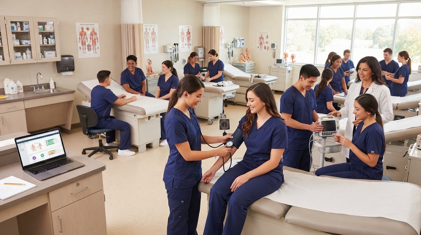 Students in navy scrubs practice blood pressure and vital signs on each other with stethoscopes and digital monitors as an…