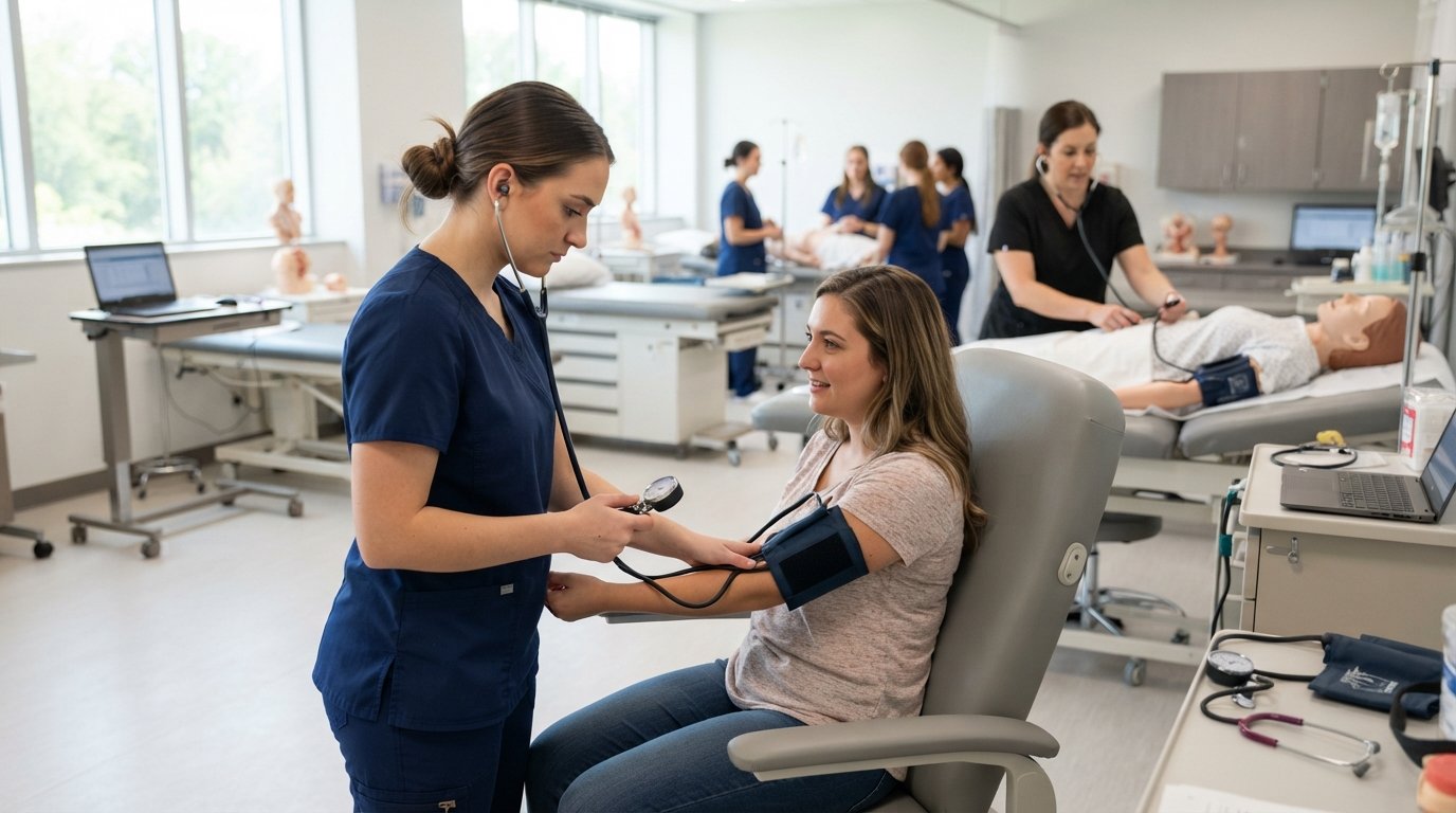 Medical assistant student in scrubs taking a patient's blood pressure in a bright clinical lab, instructor demonstrating…