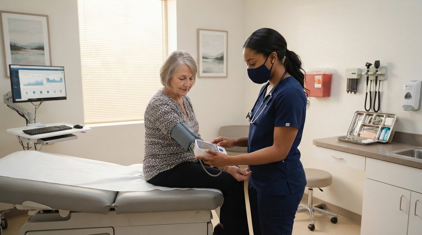 Medical assistant in navy scrubs uses a digital blood pressure cuff on a patient in a bright exam room with an instrument…