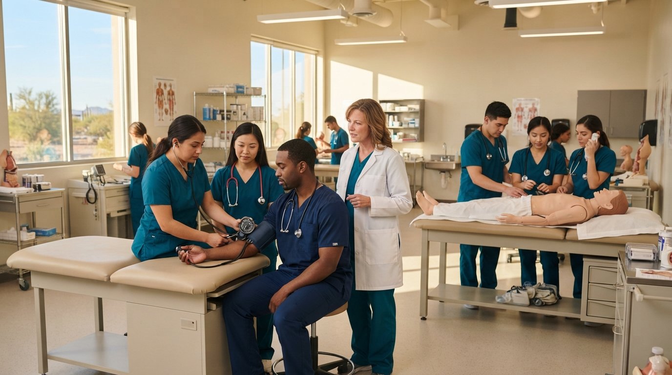 Adult students in teal scrubs practice taking blood pressure on a mannequin in a bright medical assistant training…
