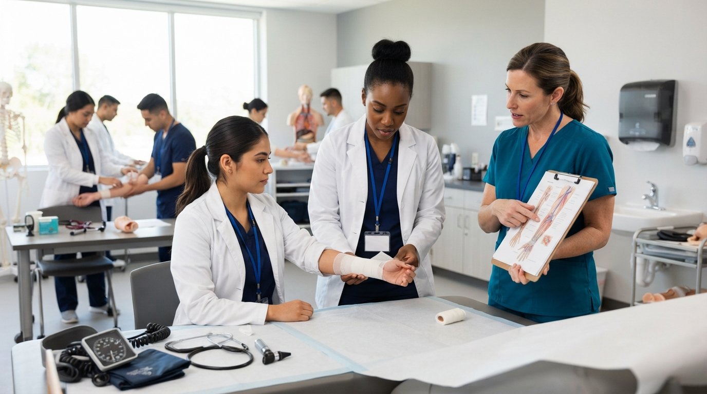 Adult students in navy scrubs and white lab coats practice bandaging at exam tables while an instructor in teal scrubs…