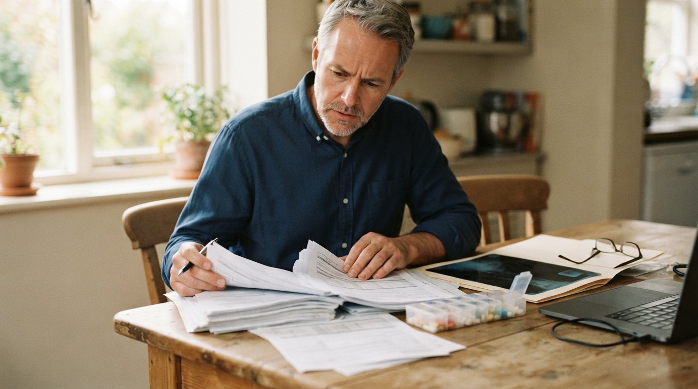 Middle-aged man in a button-down shirt studying a benefits manual and medical paperwork at a wooden table, with X-ray…