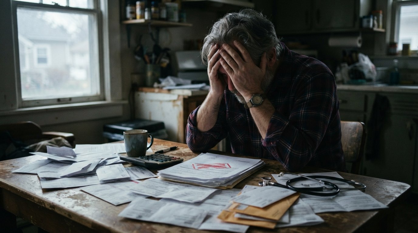 Middle-aged man in a plaid shirt sitting at a kitchen table, head in hands, surrounded by hospital bills and a final notice…