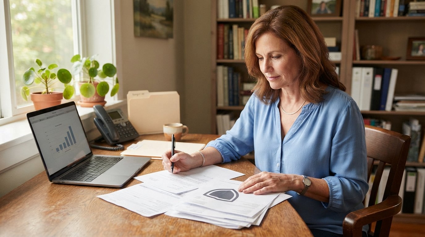 Middle-aged woman in a blue blouse sits at a wooden desk, reviewing a stack of medical bills and holding a pen over a…