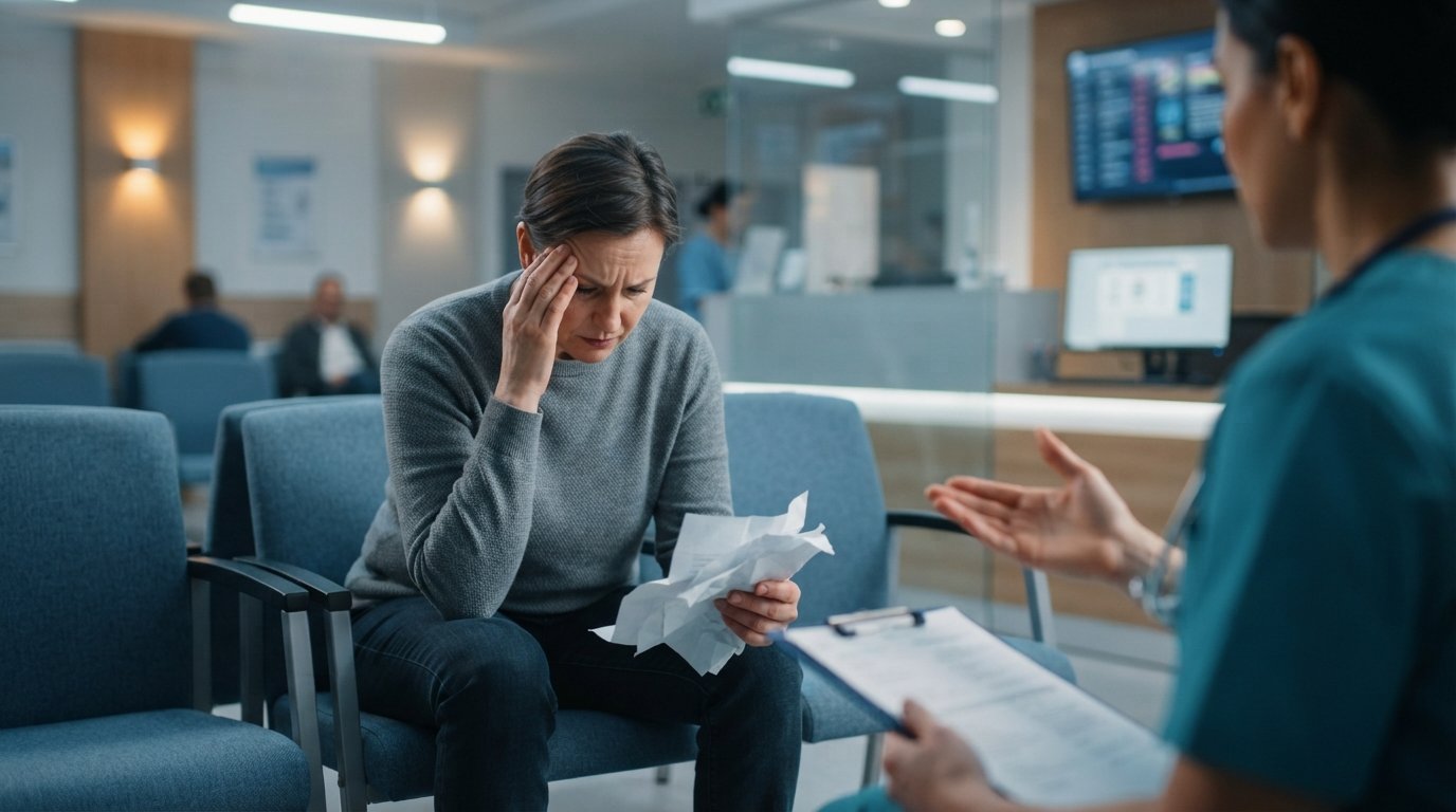 A stressed adult patient in a waiting room holds a crumpled medical bill while a doctor in teal scrubs gestures…