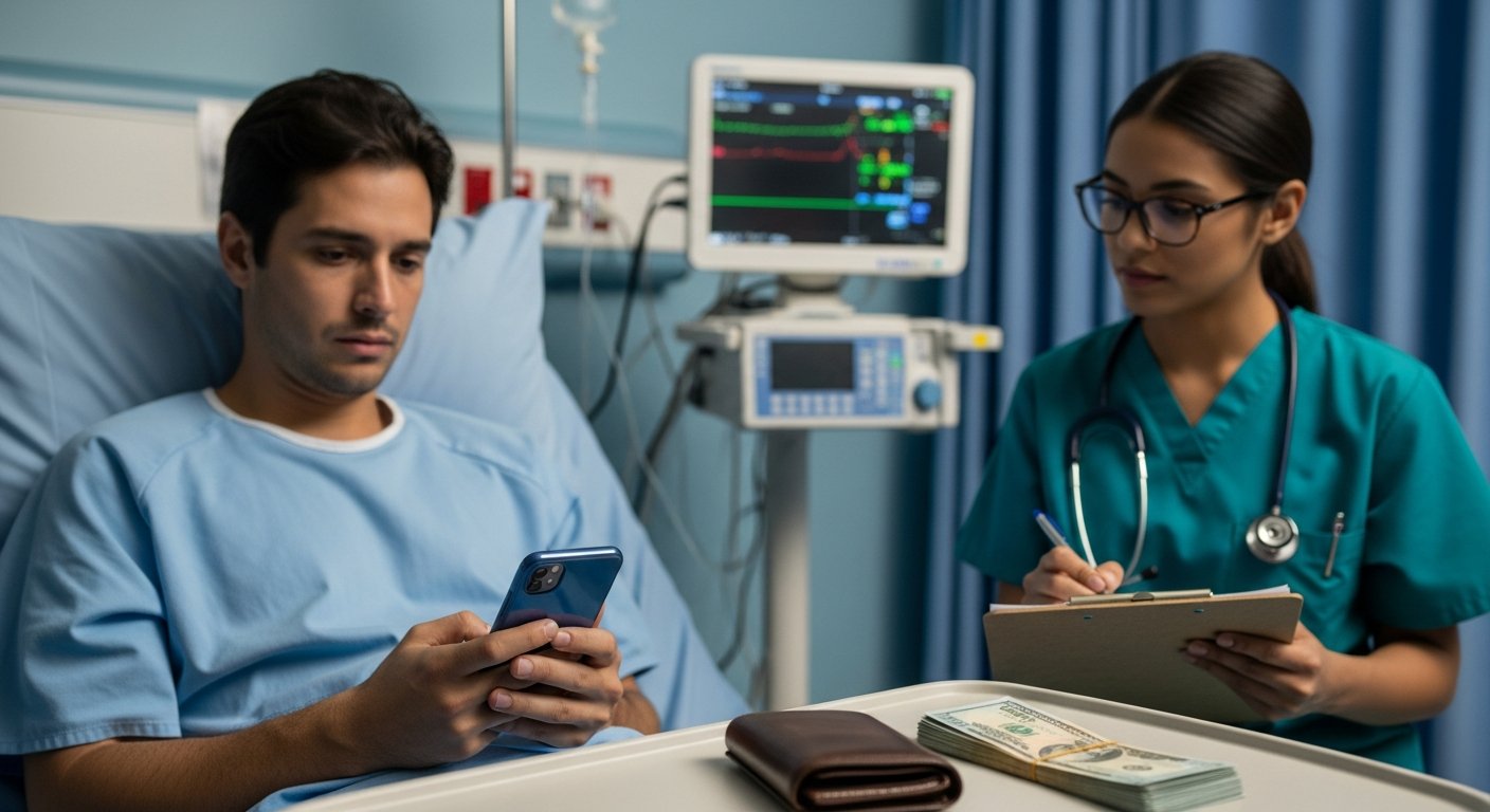 Adult patient in hospital gown holding smartphone with loan approval screen while doctor reviews clipboard