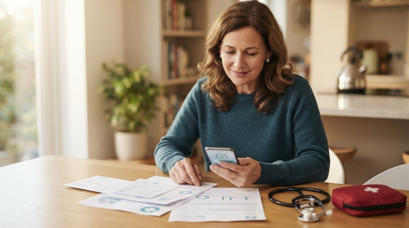 Woman at kitchen table reviewing medical bills while holding smartphone with loan approval screen, stethoscope and…