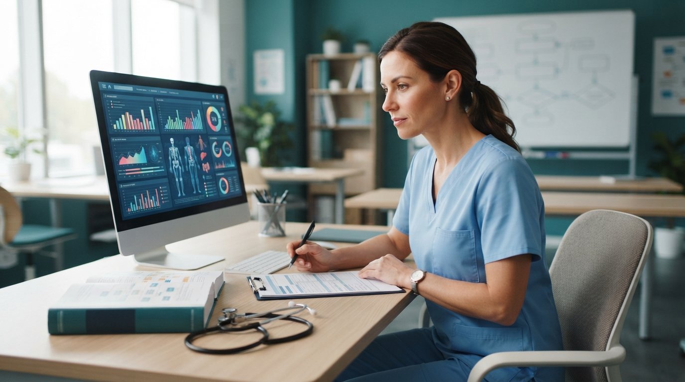 Woman in blue scrubs reviewing electronic health records and a medical claim form at a desk in a modern classroom.