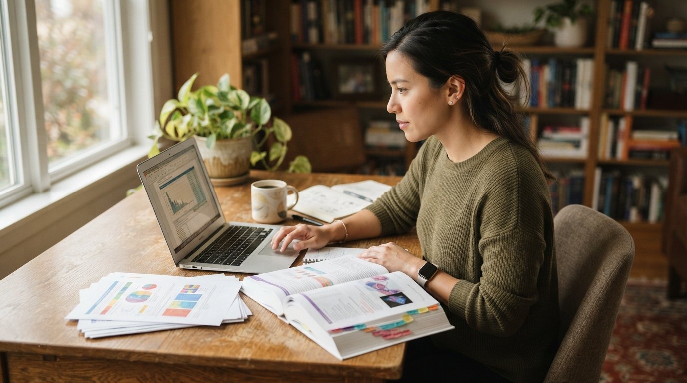 Student in casual business attire reviewing medical coding charts on a laptop at a wooden desk in a bright home office
