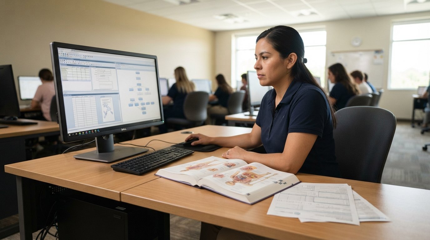 Student in a navy polo reviewing medical billing codes and insurance claim forms on a widescreen monitor at a campus…