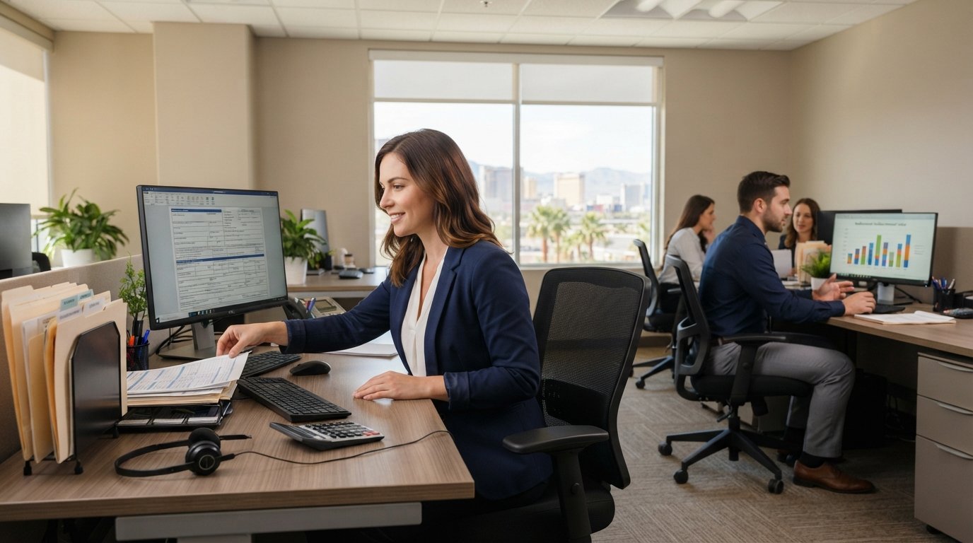 Medical billing specialist in navy blazer reviewing insurance claim forms on a computer monitor at a desk with labeled…