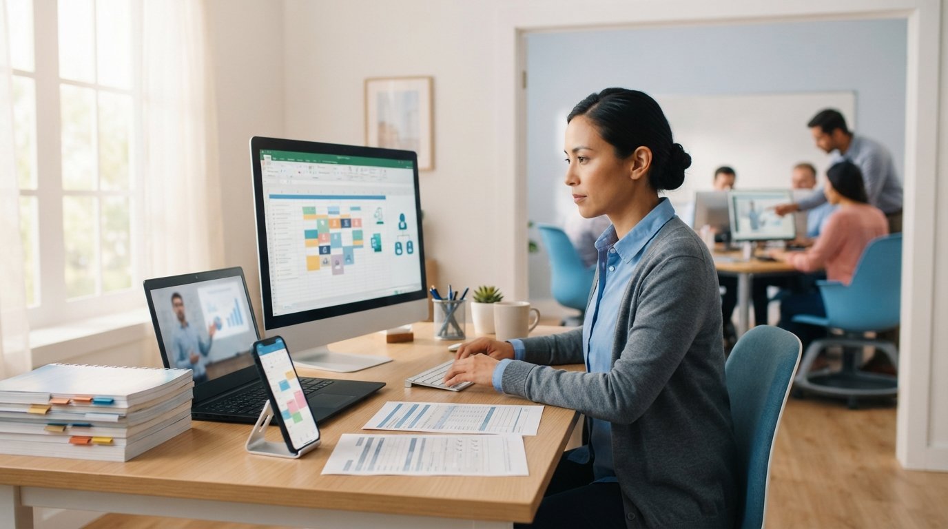 Adult student in business-casual attire reviews medical billing codes on a computer beside printed insurance claim forms…