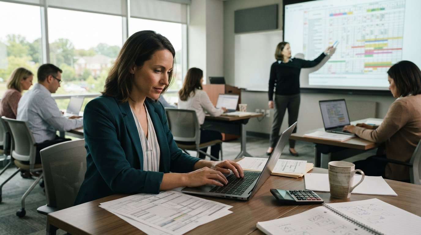Adult student in business casual reviews a medical insurance claim form beside a laptop while an instructor points to…