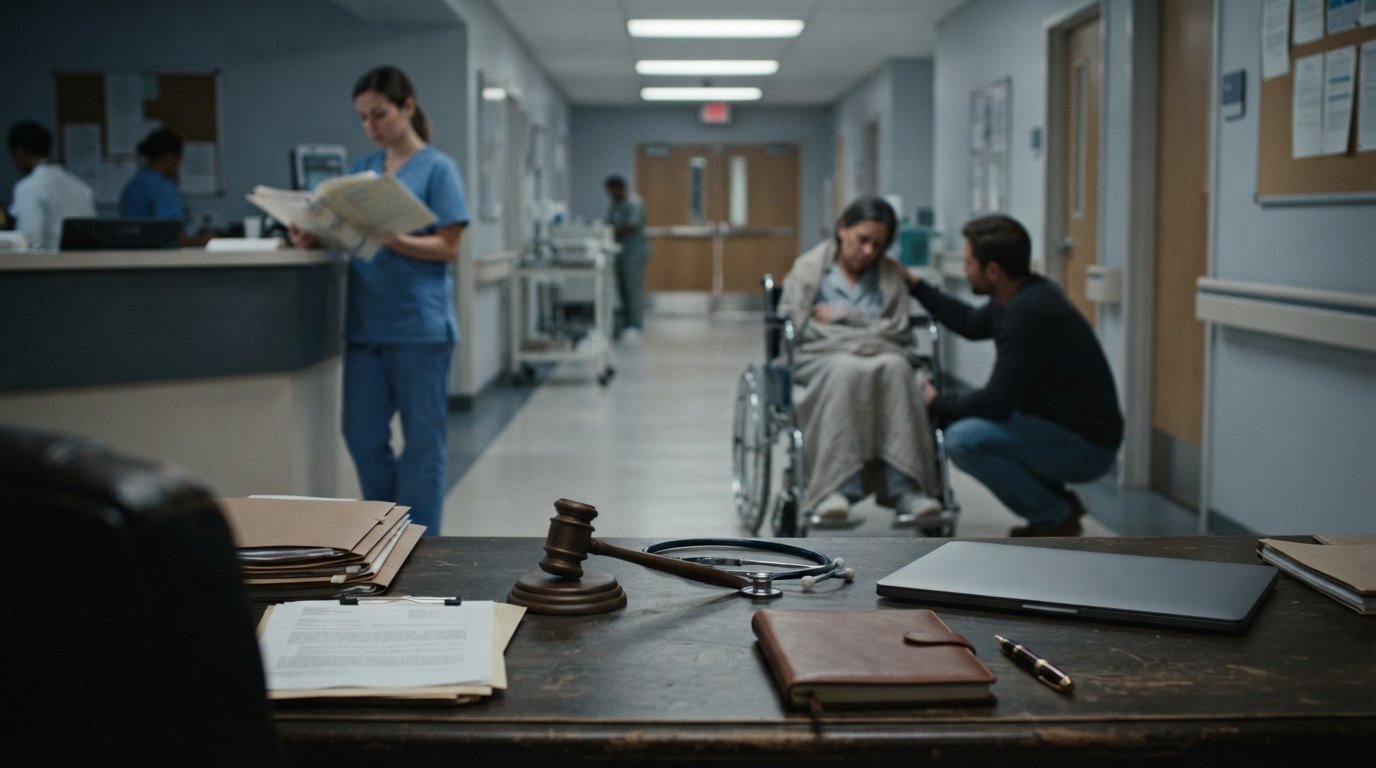 Patient in wheelchair comforted by family member in a dim hospital corridor while a nurse reviews a chart; foreground desk…