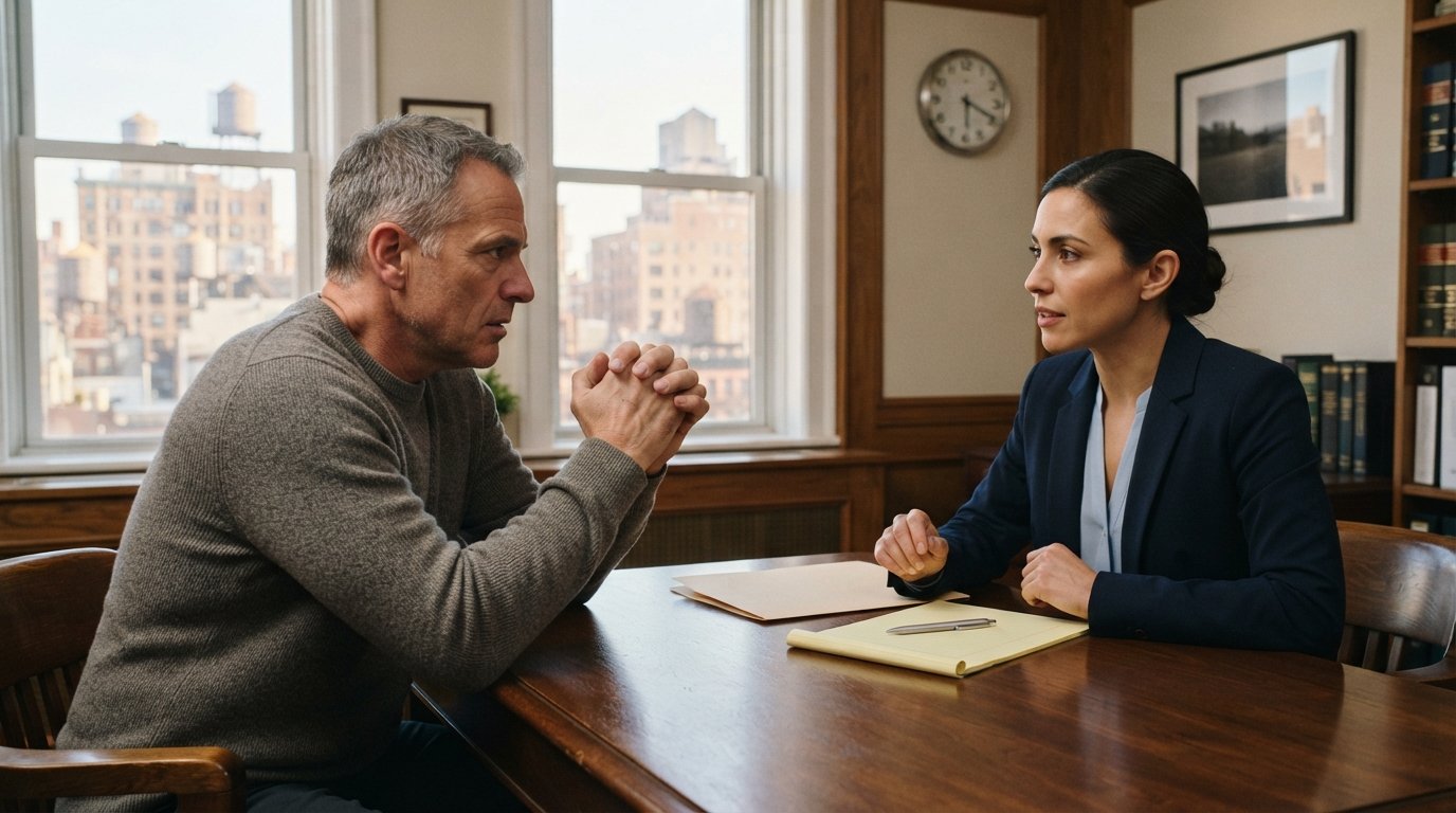 Worried patient in gray sweater sits across from an attorney at a wooden desk in a New York law office, hands clasped…