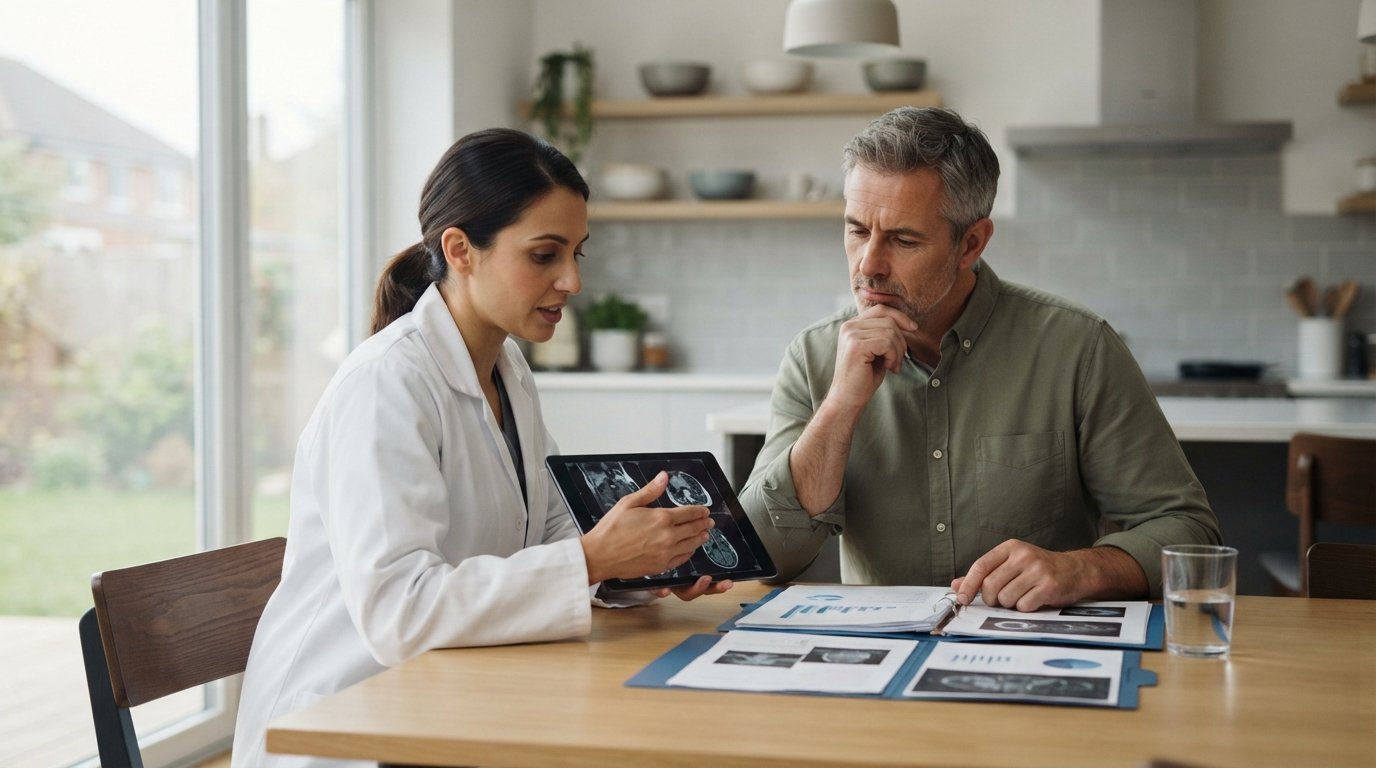 Middle-aged man in a button-down shirt reviews medical test results at a kitchen table while a female healthcare…