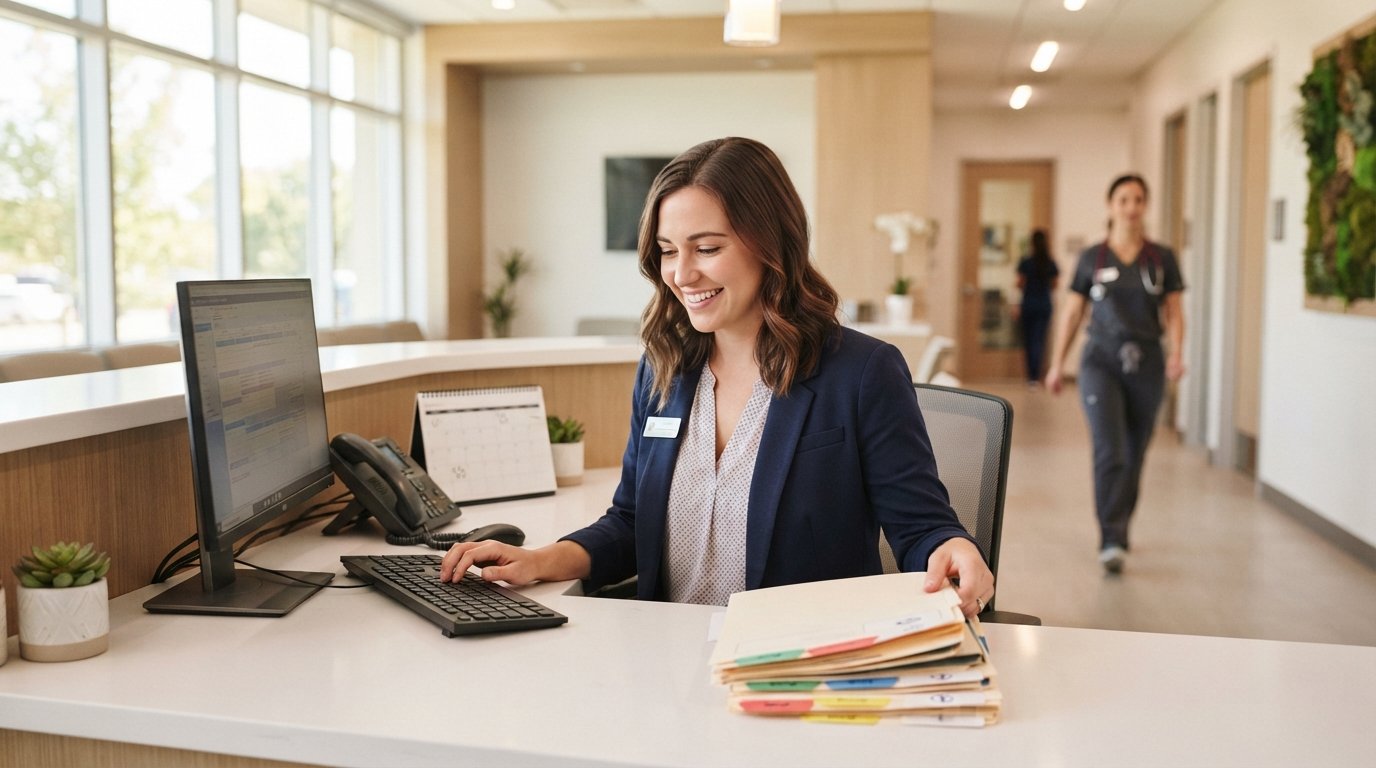 Medical administrative professional in a navy blazer organizing patient files and typing at a bright front desk, with a…