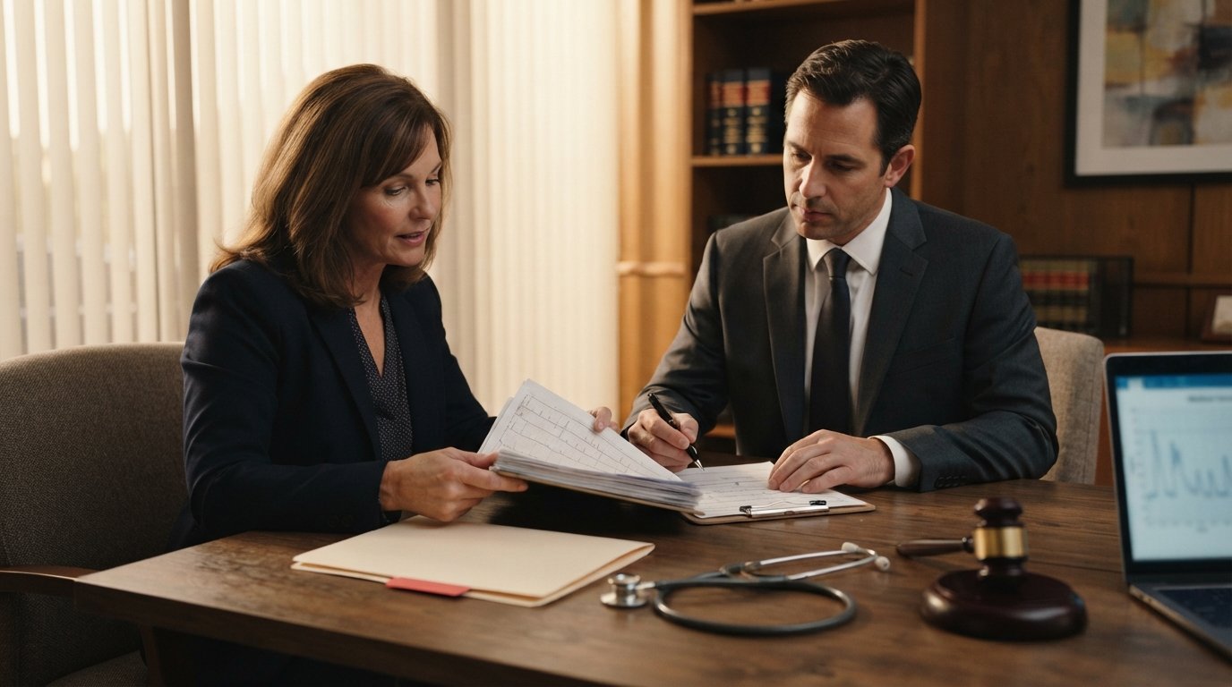 Woman in a navy blazer and an attorney in a charcoal suit review medical documents at a wooden conference table beside a…