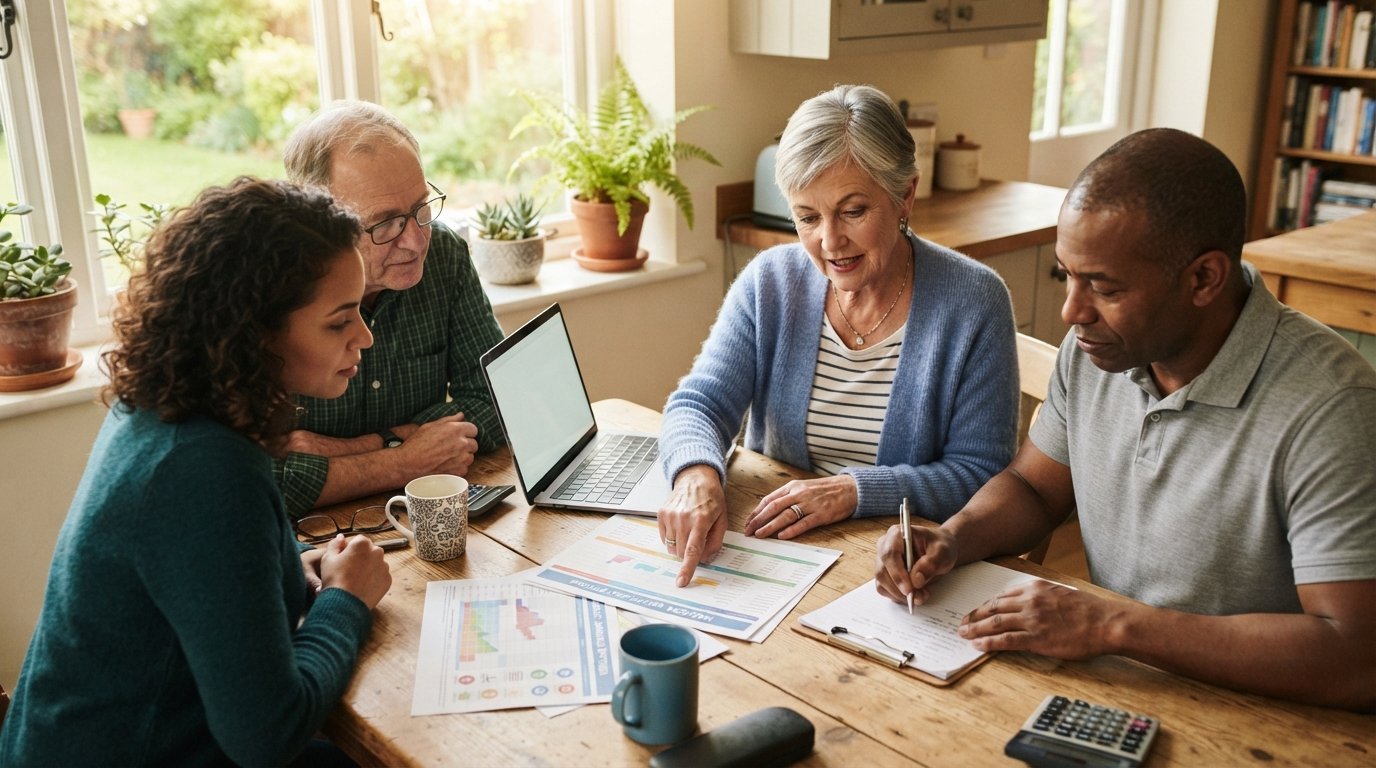 Older woman in a blue cardigan points at a printed chart while a man in a gray polo takes notes at a sunlit kitchen table…