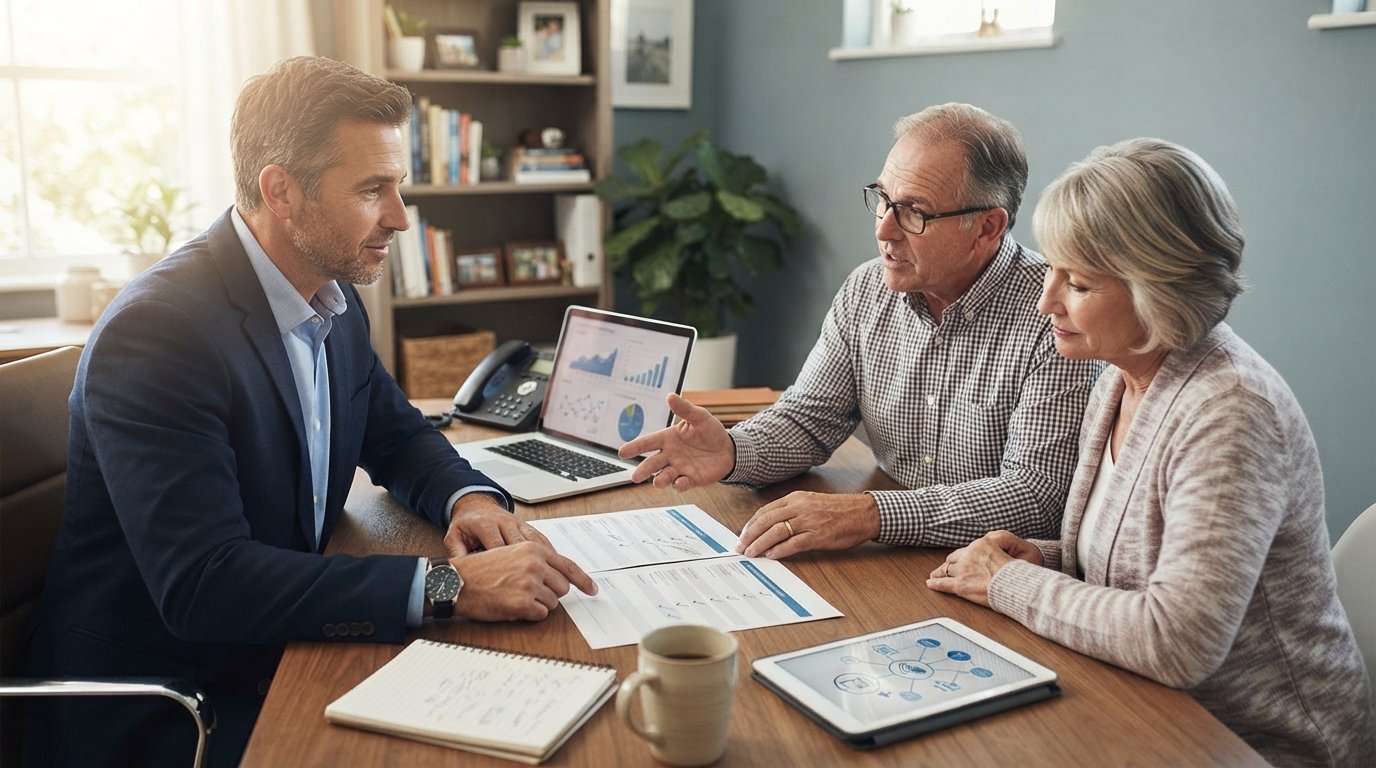 Insurance agent at a wooden desk with a laptop and headset reviews printed Medicare Advantage plan comparison sheets with a…