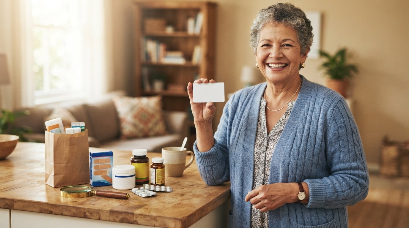 Smiling senior woman in a blue cardigan holds a white card beside a counter with vitamins, bandages, and pain relief cream