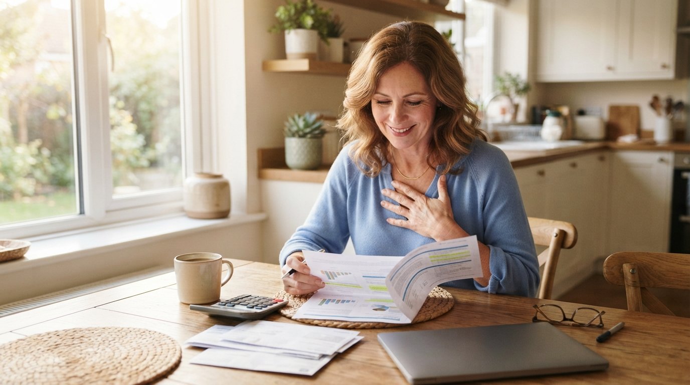 Smiling middle-aged woman in a blue blouse reviewing a Medicare Advantage plan document with a calculator, coffee, and…