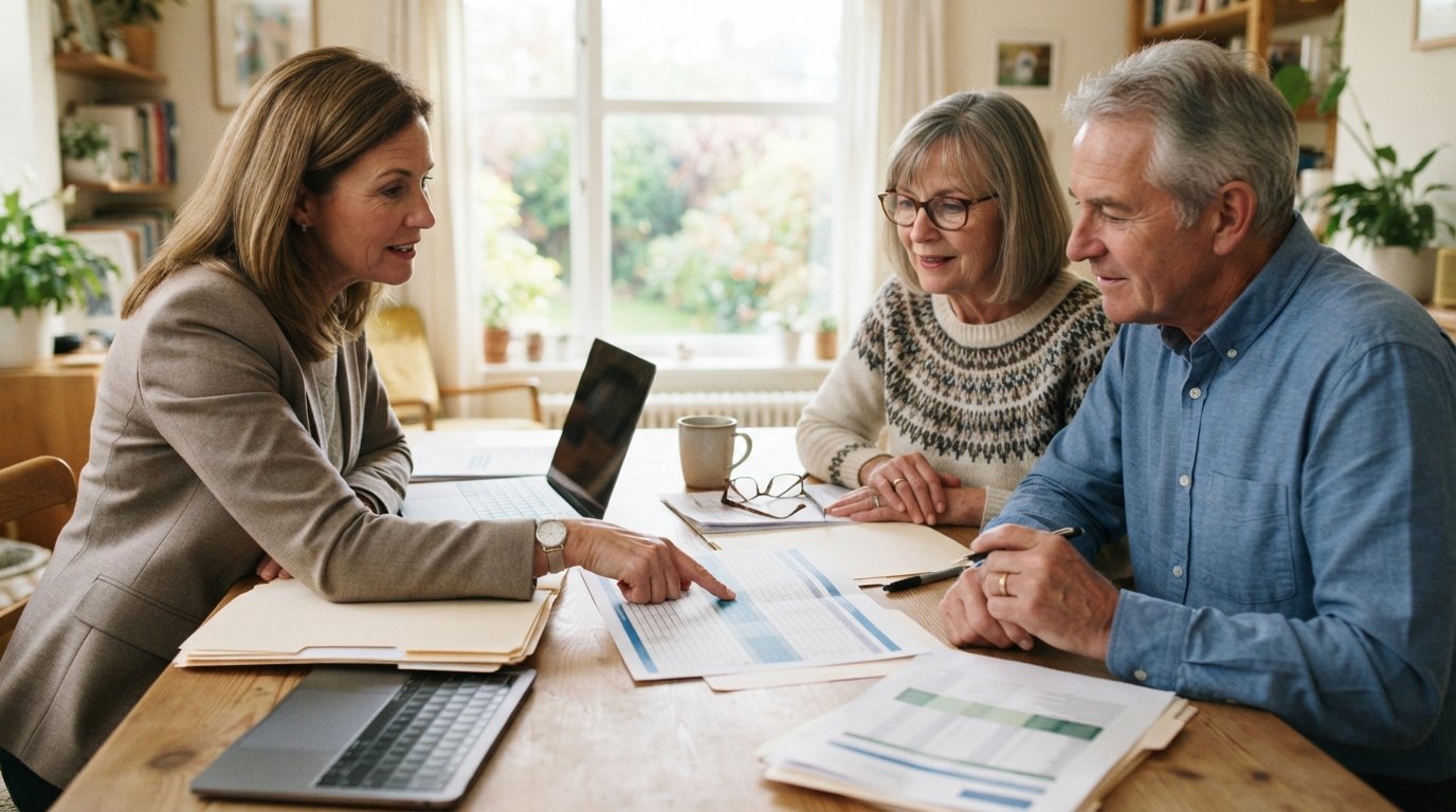 Senior couple at a kitchen table reviewing Medicare Advantage plan paperwork with an insurance agent, who points at a…