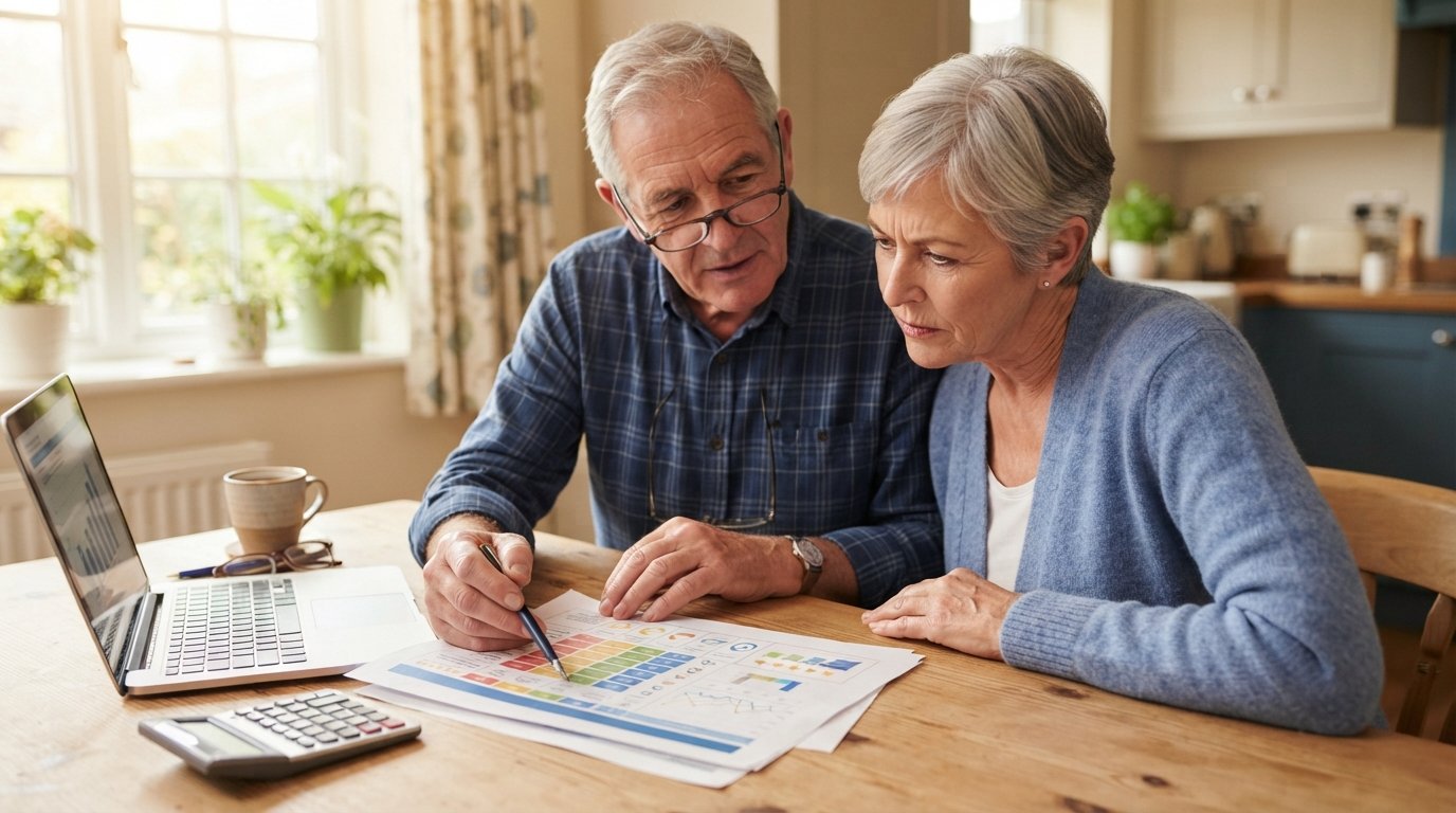 Senior couple at a wooden kitchen table studying a Medicare plan comparison chart with a five-star rating graphic,…