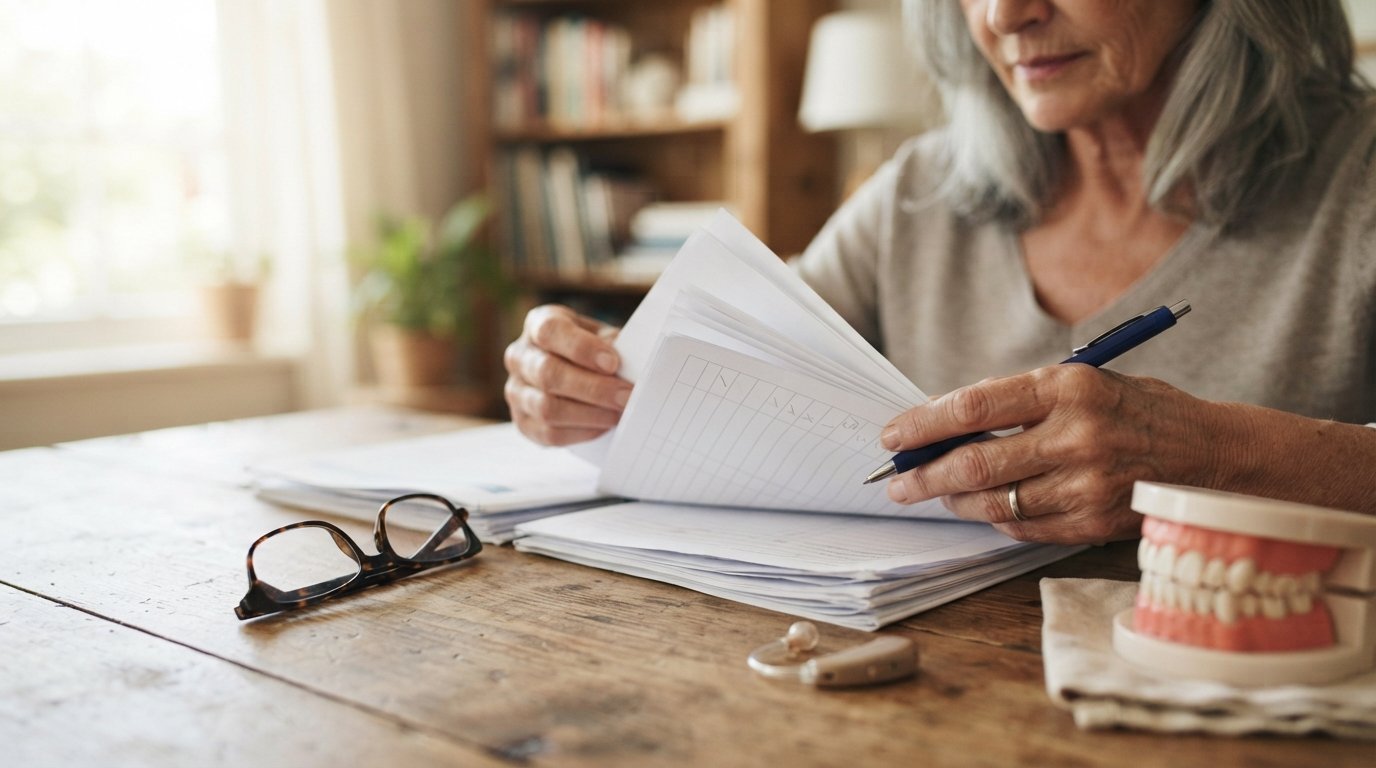Senior woman's hands sorting plan documents beside reading glasses, a hearing aid, and a dental model on a wooden table