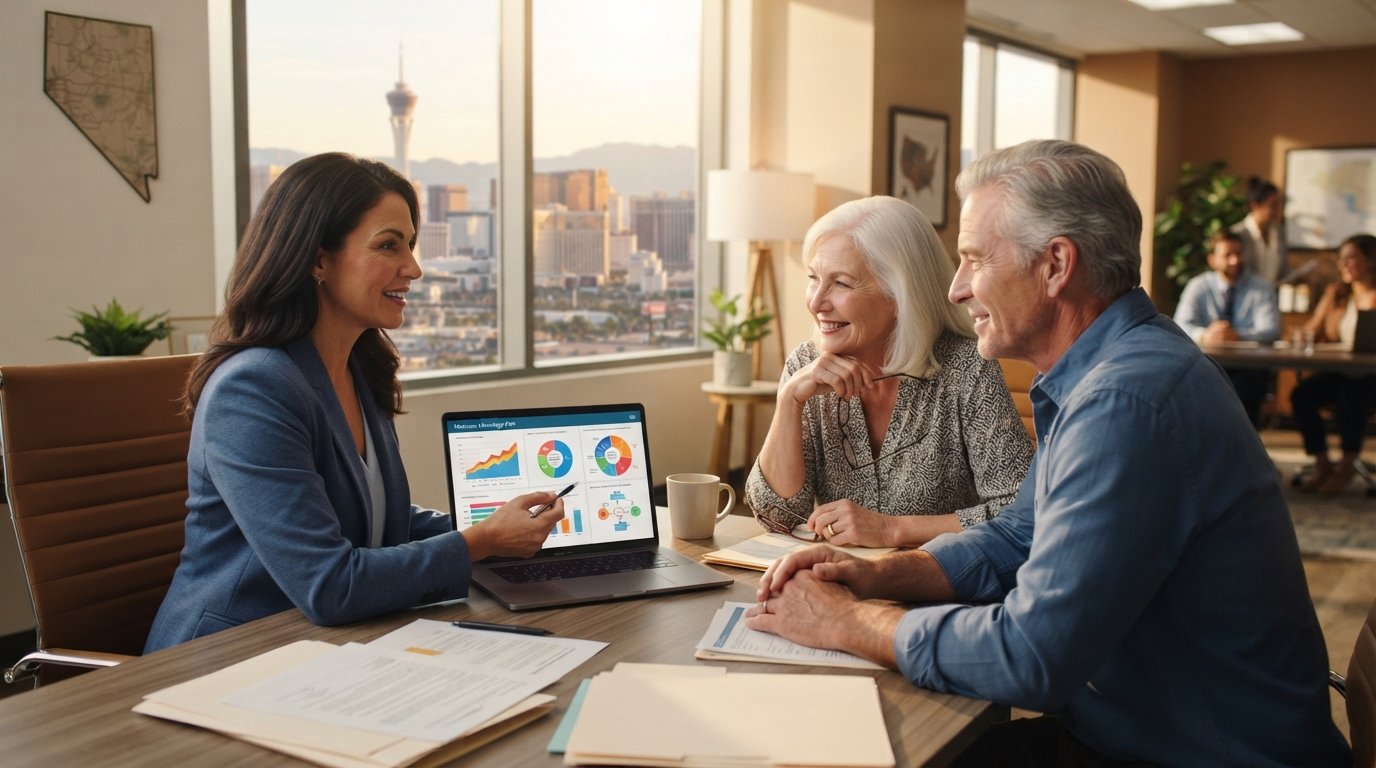 Insurance agent reviews plan documents with an older couple at a desk as a laptop shows coverage comparison charts, with a…