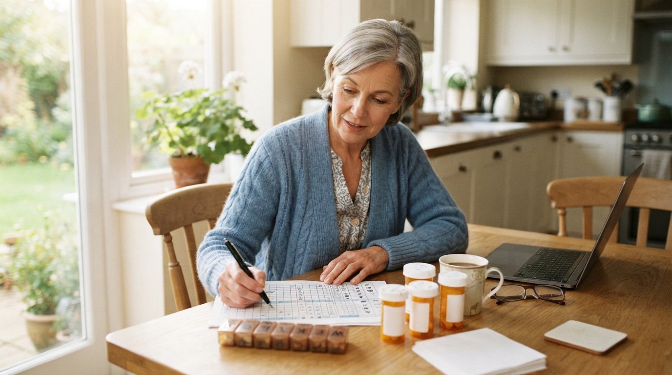 Woman in her sixties with short gray hair reviewing a prescription drug cost chart at a kitchen table with pill organizer,…