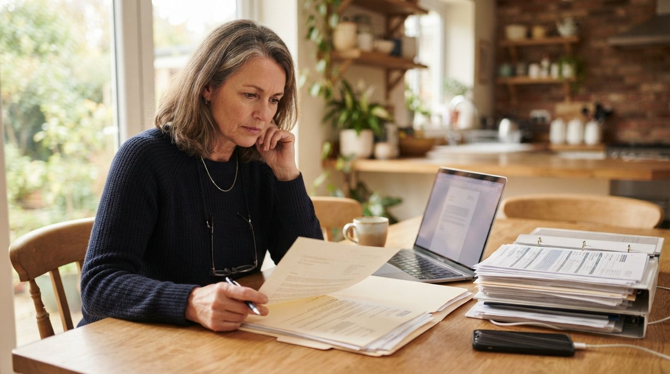 Woman at a sunlit kitchen table reviewing a denial letter beside a laptop, medical folder, pen, and coffee mug, with…