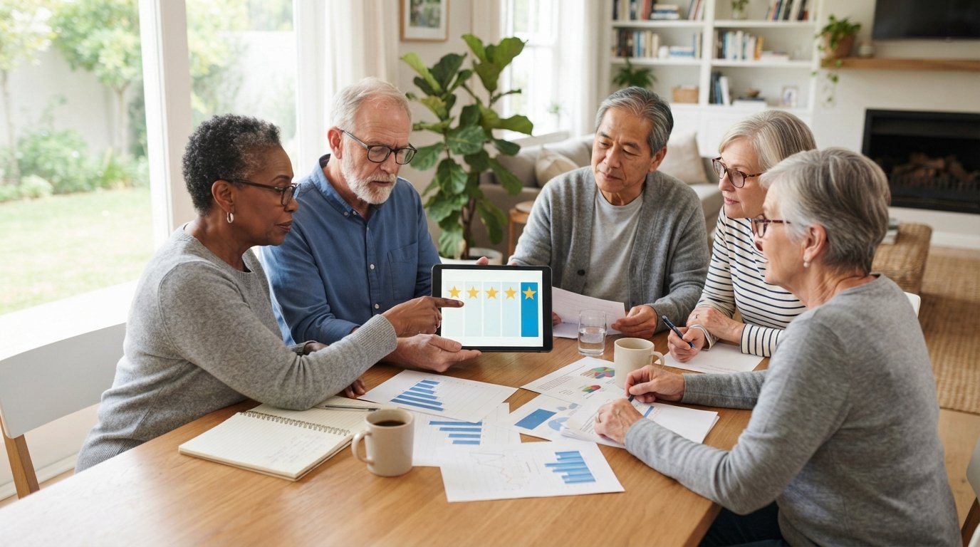 Diverse older adults at a wooden table reviewing plan comparison printouts and a tablet showing a five-point star rating…