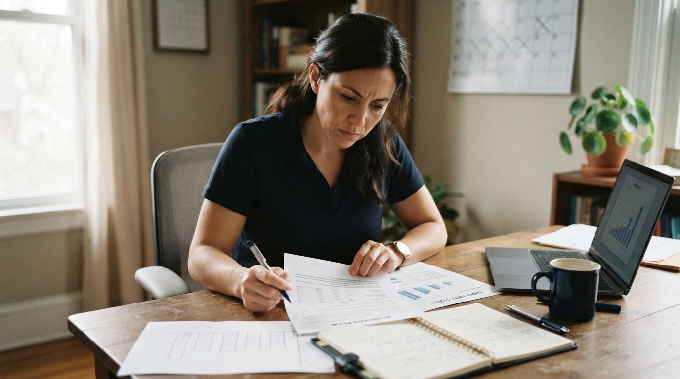 Insurance agent in navy polo leaning over a wooden desk with a laptop, planner, printed bar chart, pen, and coffee mug,…