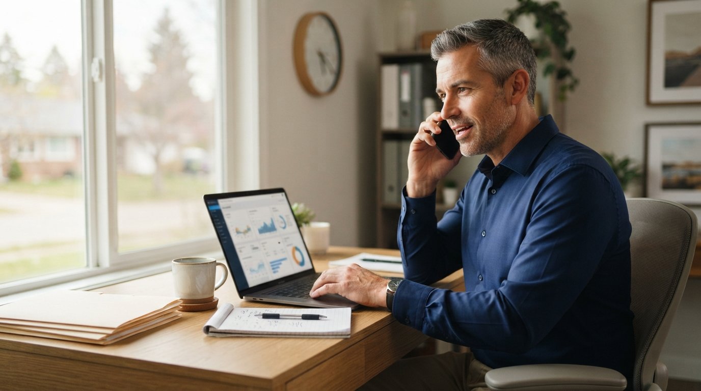 Insurance agent in navy shirt on a phone call while typing on a laptop showing a CRM dashboard, with a clock and notepad on…