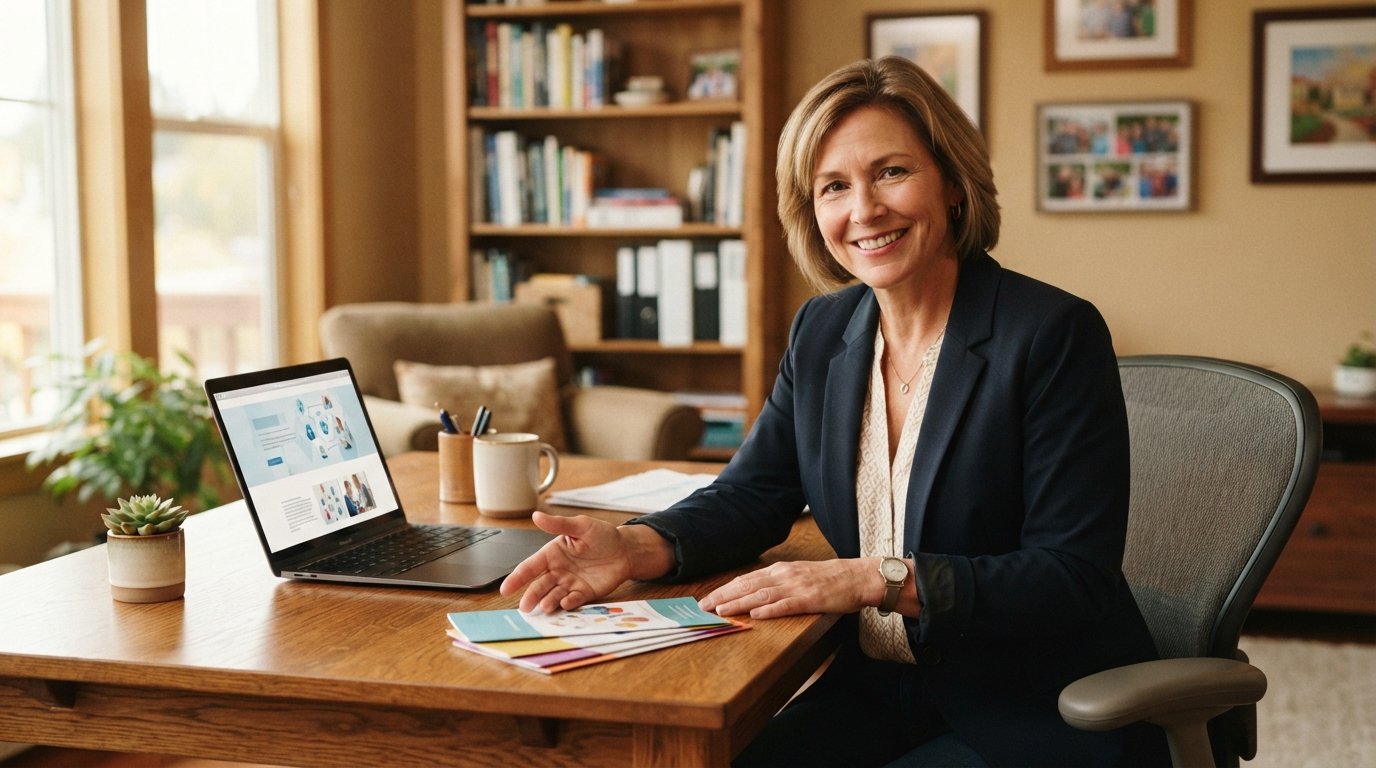 Middle-aged female Medicare agent in navy blazer at wooden desk reviewing website layout on laptop with brochures and plant…