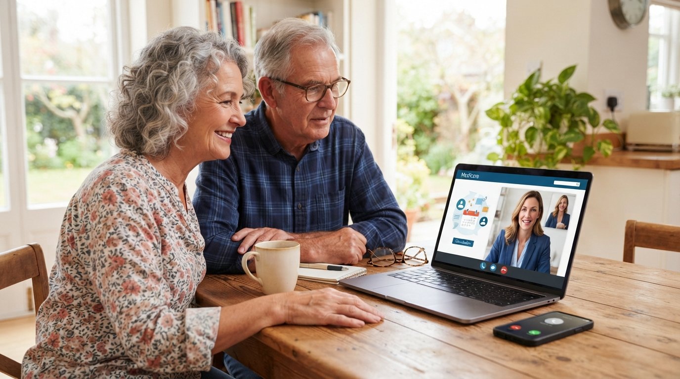 Senior couple at a kitchen table looking at a Medicare insurance website on a laptop, with a smartphone showing an incoming…