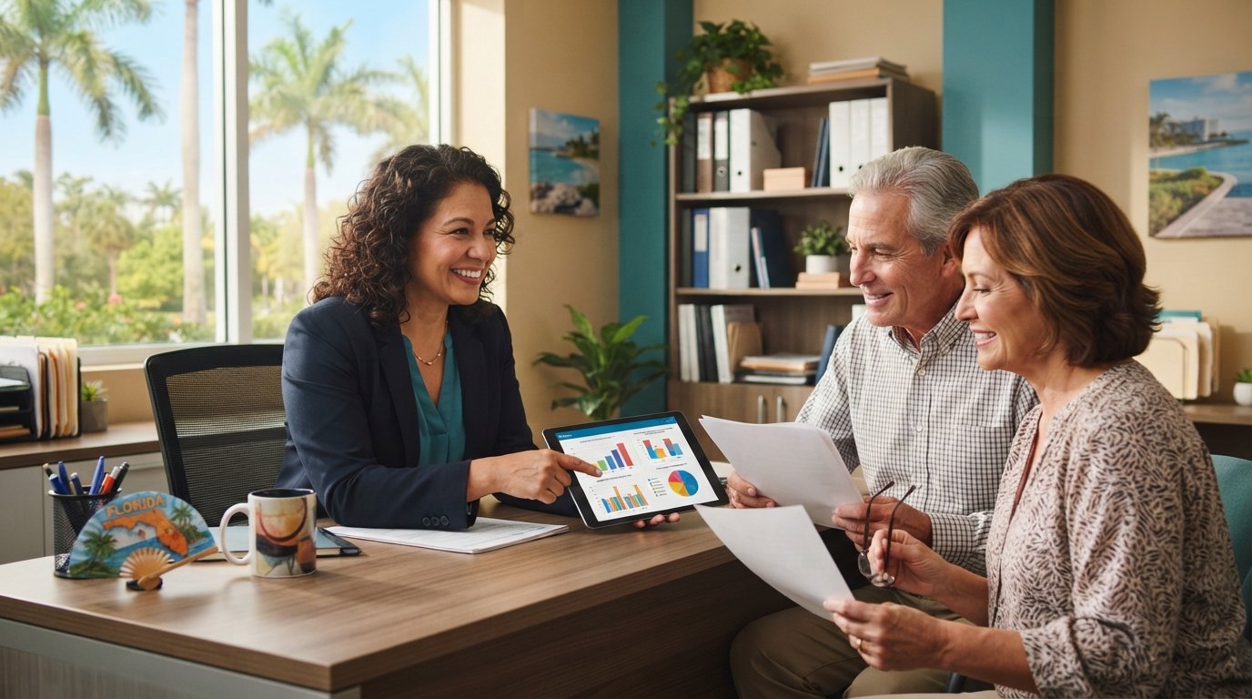 Medicare agent in Miami showing a senior couple plan comparison charts on a tablet in a bright office with palm trees outside