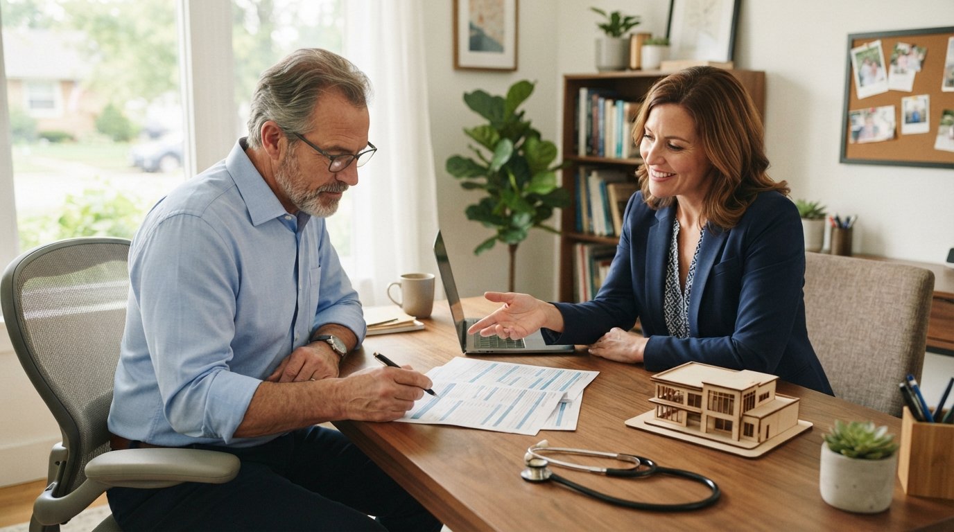 Older man in a blue shirt reviews insurance paperwork at a desk with a woman in a navy blazer, laptop, building model, and…