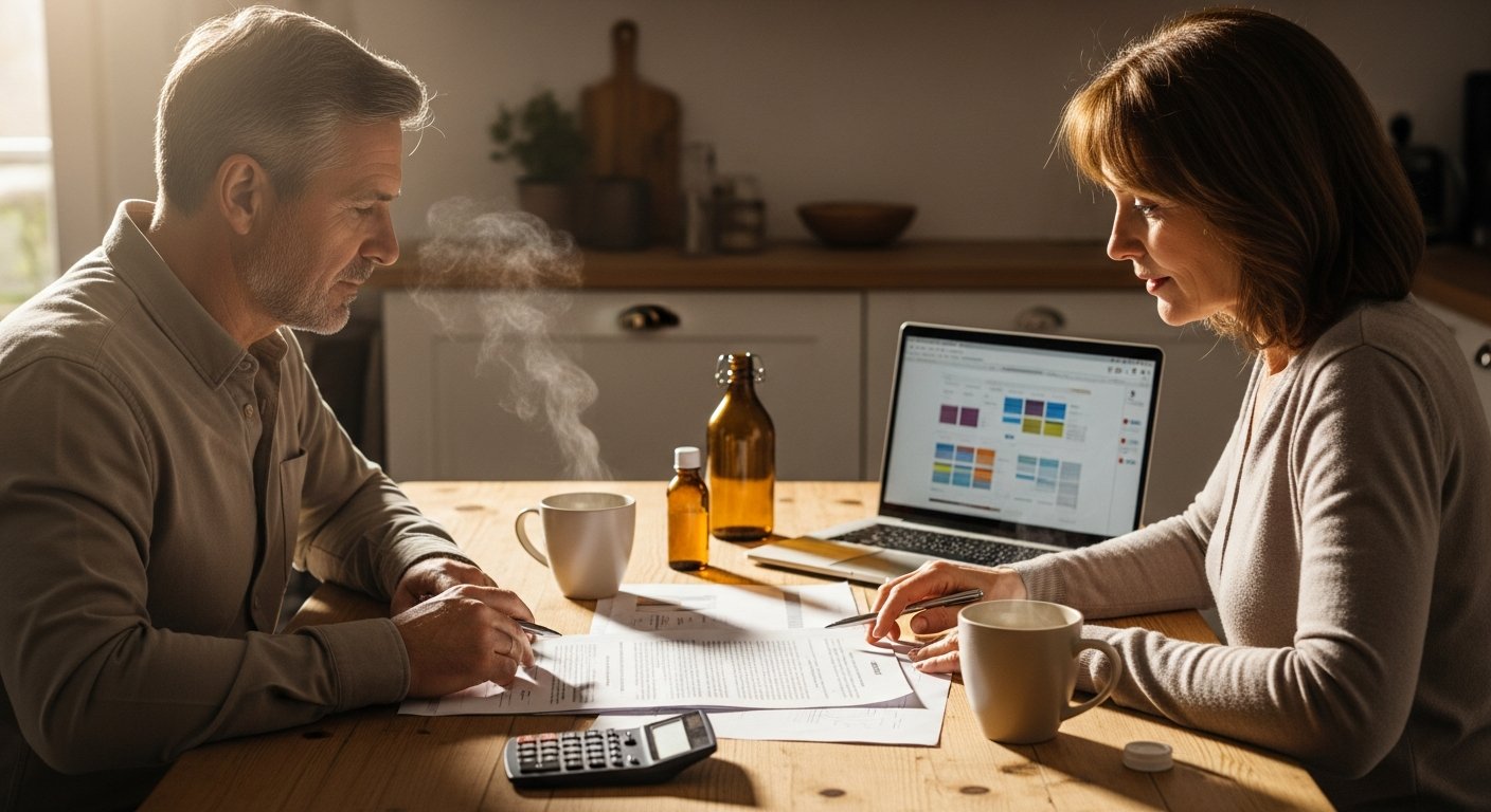 Middle-aged man and woman sitting at a sunlit wooden kitchen table, looking at a printed Medicare document and a laptop…