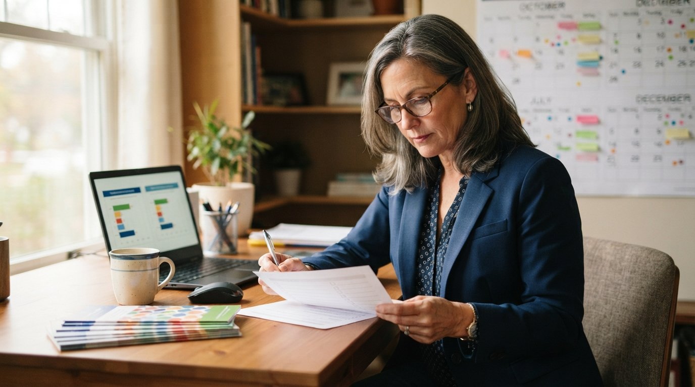 Woman in a navy blazer and reading glasses reviews a printed checklist at a wooden desk, with a wall calendar and laptop…