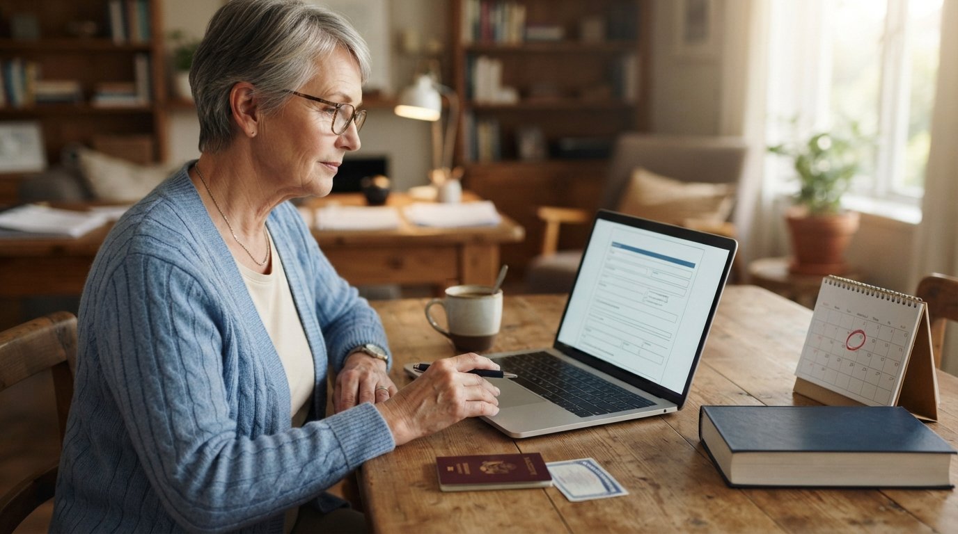 Senior woman in glasses at a kitchen table using a laptop to fill out an online form, with a Social Security card,…
