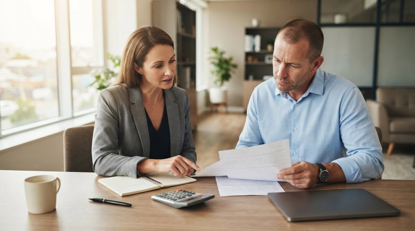 Middle-aged man in a light blue shirt sits across a desk from a female insurance advisor in a gray blazer as they review…