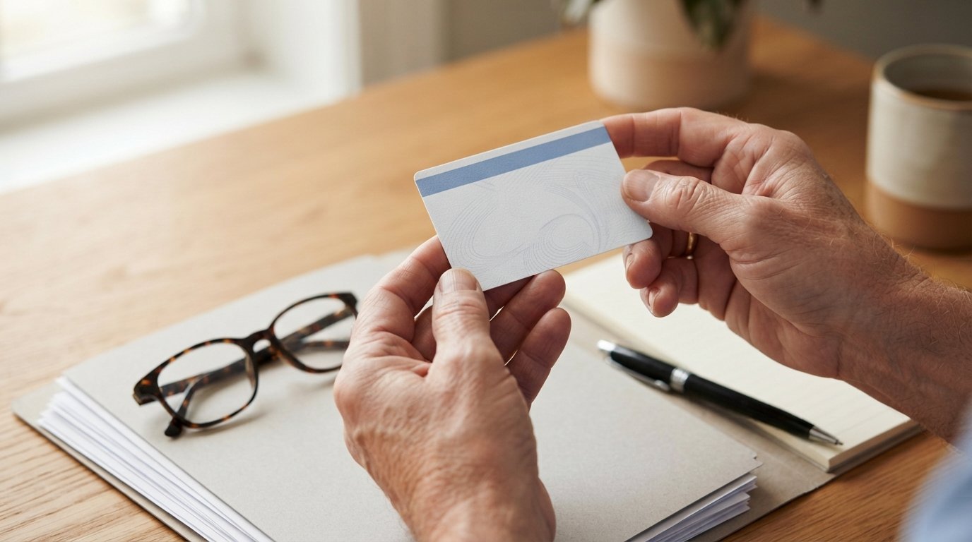 Hands holding a white Medicare card with a blue header band above a desk with glasses, a pen, and insurance folders